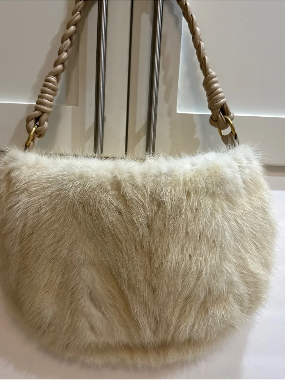 Paolo Masi Faux Fur Shoulder Bag in Beige and Tan with Tassel